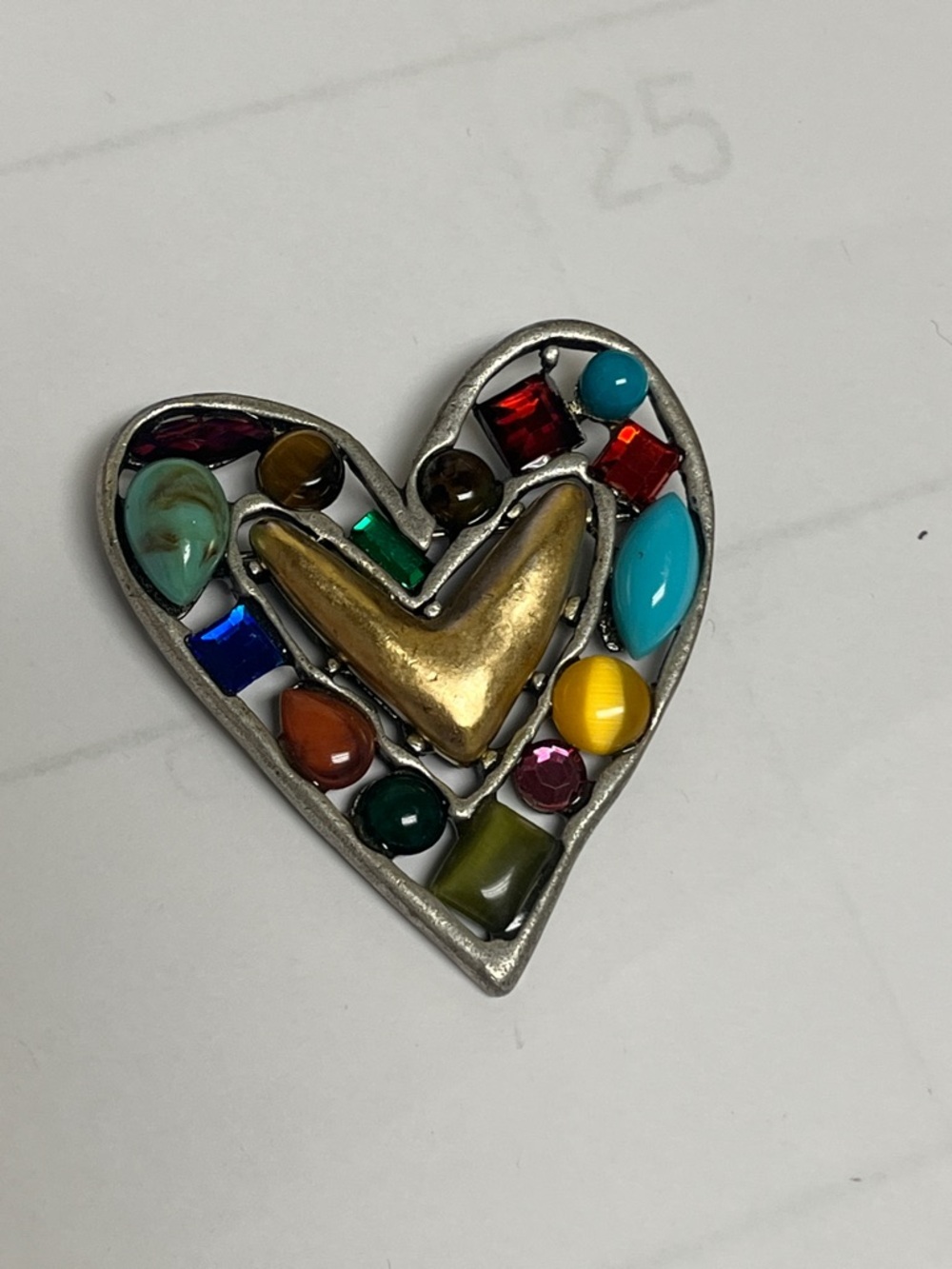Vintage Chicos Multicolored Heart Mosaic Pin with Gold Accent